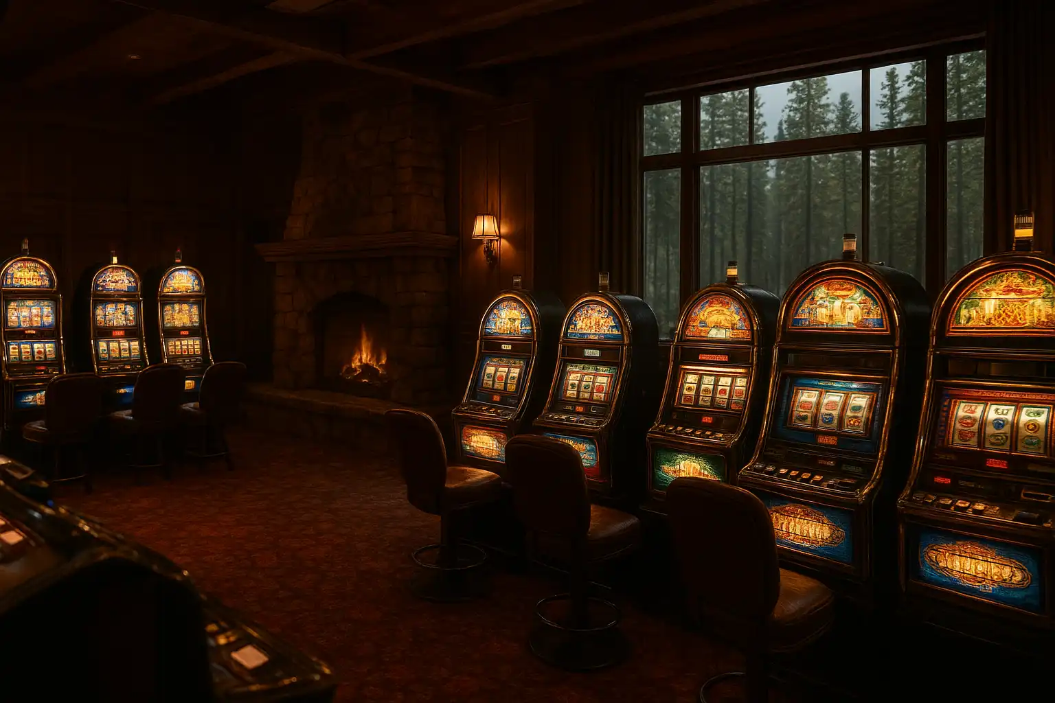 Rows of glowing slot machines inside a timber lodge with pine forest visible through the windows